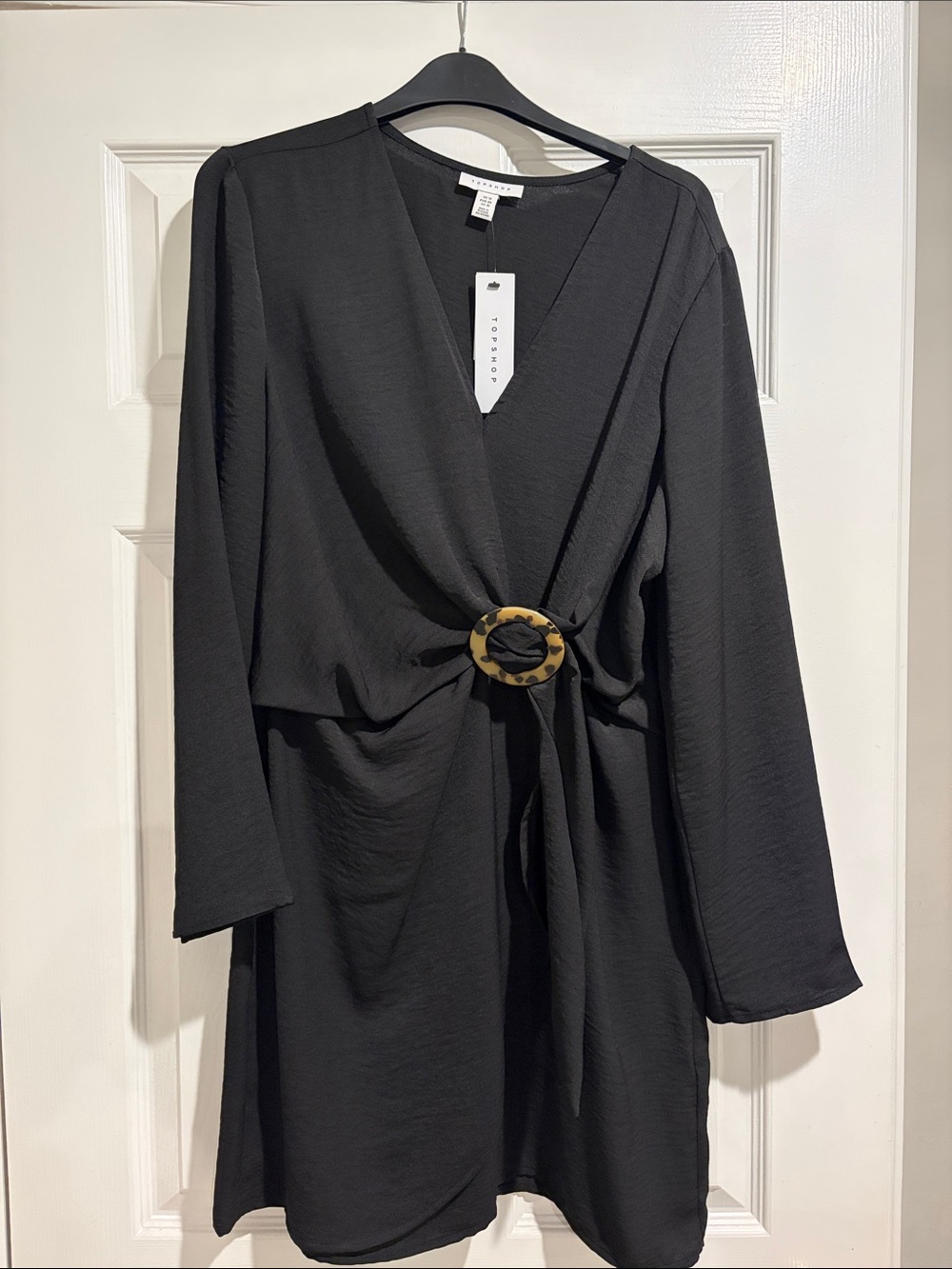 NWT Topshop Black Long Sleeve Wrap Dress with Tortoiseshell Buckle
